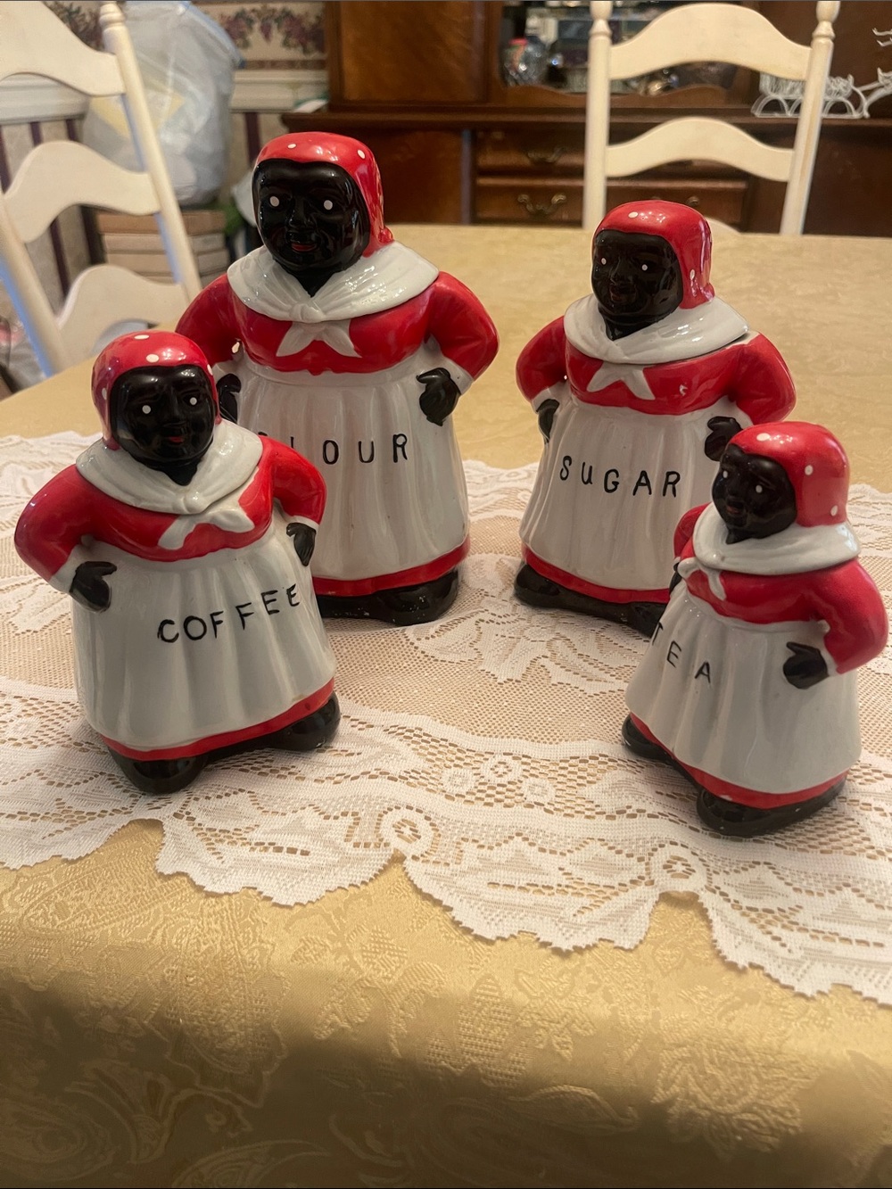 Vintage Black Mammy Ceramic Canister Set - Red & White